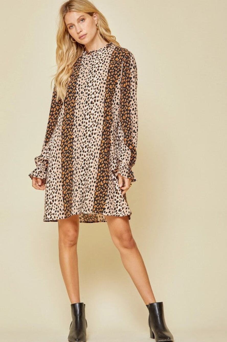 Andree any Unit Leopard Print Long Sleeve Shift Dress Size S Small Brown Cream